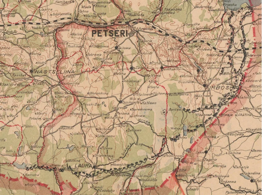 Схема предполагавшихся в 1922 г. к строительству оборонительных рубежей эстонской армии на границе с СССР в районе Изборска. Рубеж обозначен черными прерывистыми линиями вдоль границы. 
